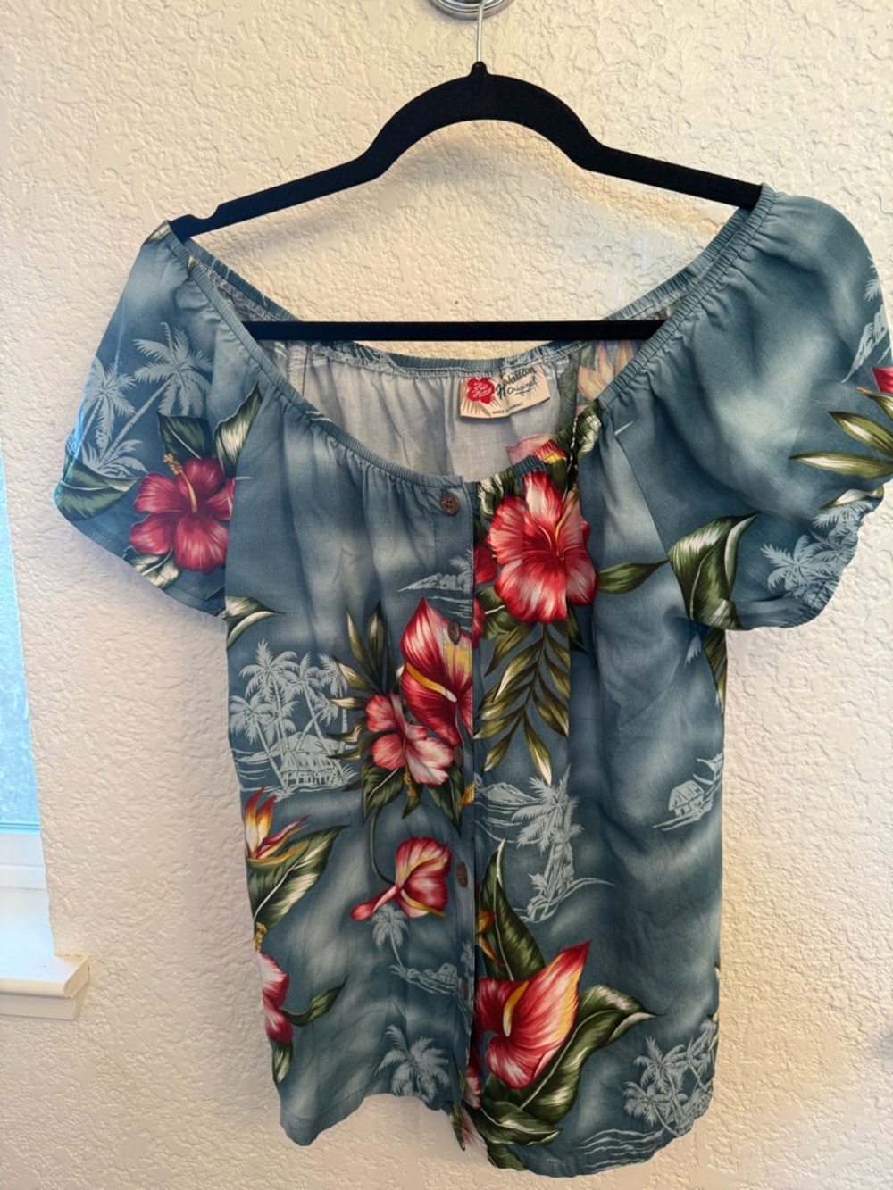 Hilo Hattie Hawaiian Tropical Blue Shoulder Blouse Vintage & Authentic Size XS